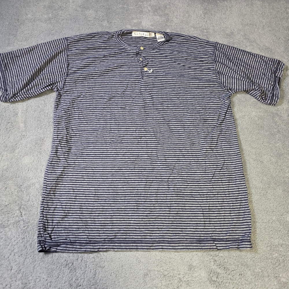 Naturalife Mens Large Henley Shirt Navy Blue Grey‎ Striped Short Sleeve Cotton